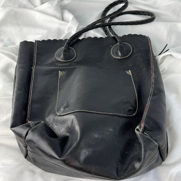 Patricia Nash Leather Tote Handbag Black Tooled Cutout 13x16 Pink Int Dustbag - Picture 2 of 8